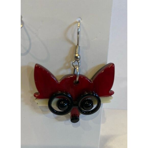 Earrings Red Fox w/ Eye Glasses Cartoon Dangle Whimsical Statement Cartoon FUN - Picture 3 of 7